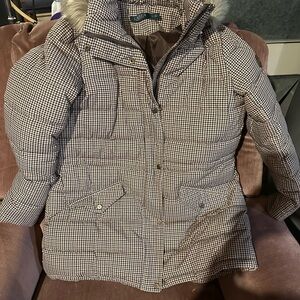 Checkered Puffer Jacket with Fur Collar